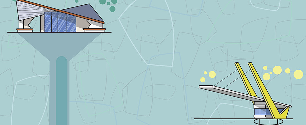 Futuristic graphic with a smart home at the top and bottom