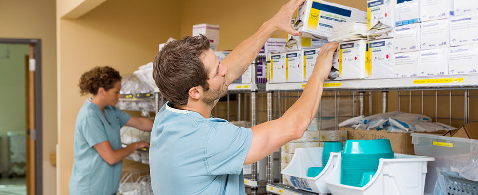 Two nurses organizing medical supplies