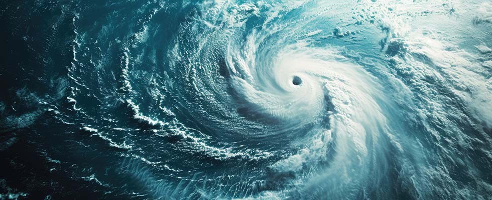 An aerial view of the eye of a hurricane.