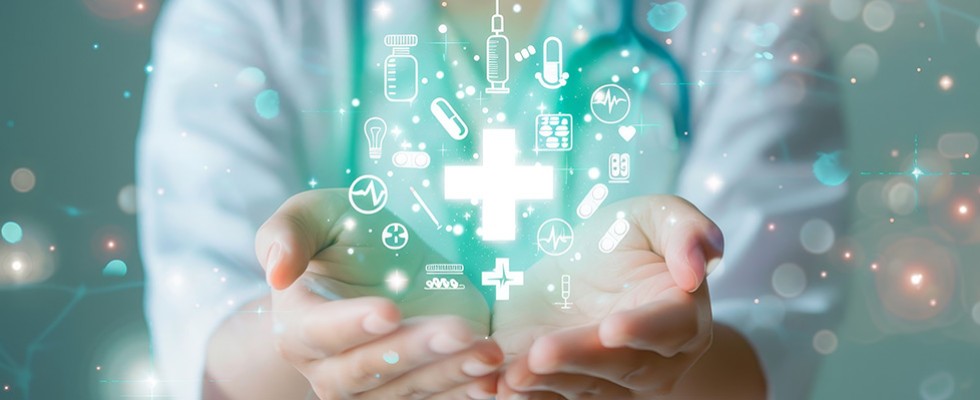 Two hands cupped together under several medical images floating in the air.