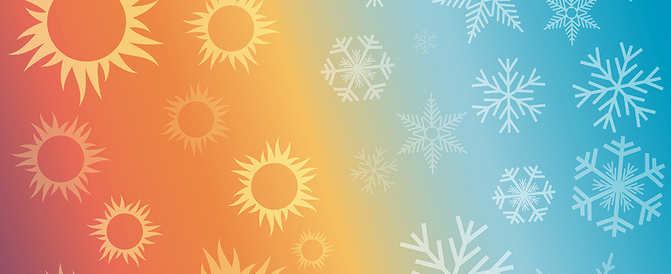 An illustrated graphic of orange suns on the left and blue snowflakes on the right