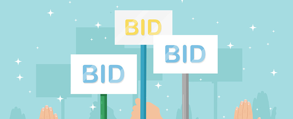A graphic with three different signs that say "BID" on top of a blue background
