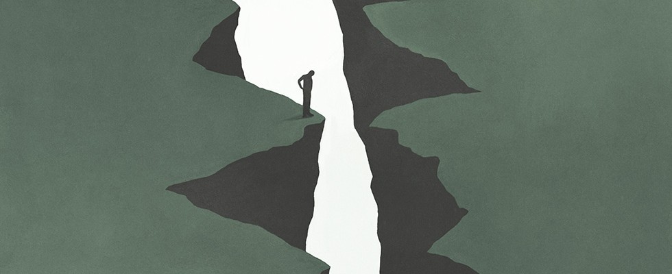 An illustrated drawing of a man overlooking a ravine between two separated cliffs