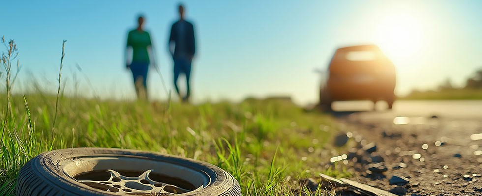 A tire lays on the ground with two people and a car in the background