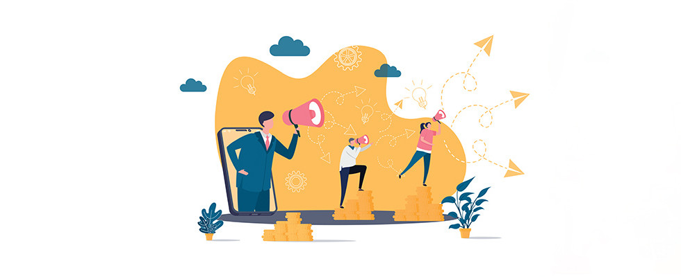 A graphic of three individuals standing on gold coins while speaking into megaphones