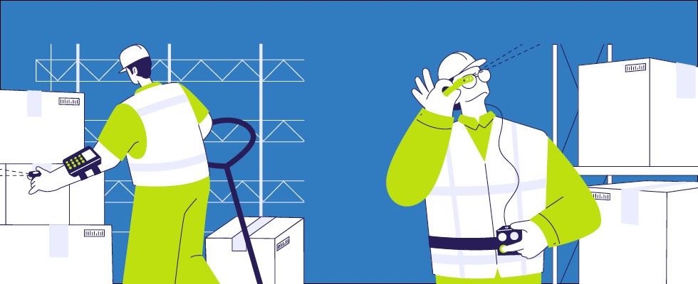 Two illustrated men working in a warehouse. They are wearing bright green jumpsuits in front of a blue background.