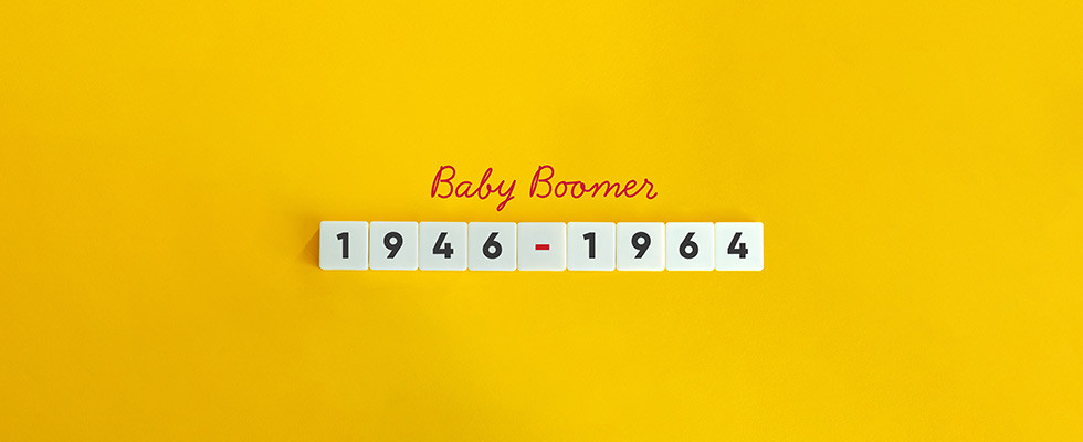 Yellow background that says "Baby Boomer" in red cursive and "1946-1964" in block numbers