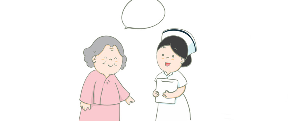 A drawing of an elderly person talking with their nurse
