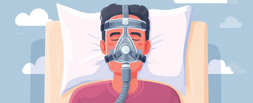 A cartoon of a man laying on a bed with a CPAP machine on his face.