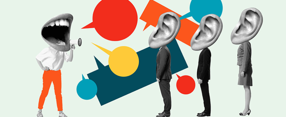 A graphic of a person with a mouth for a head speaking into a megaphone at three people with ears for heads.