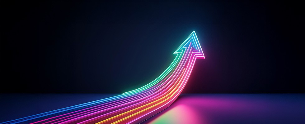 A multicolor neon arrow goes upward against a dark background