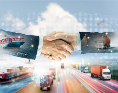 A graphic of two hands wshaking surrounded by a boat, a truck and other vehicles