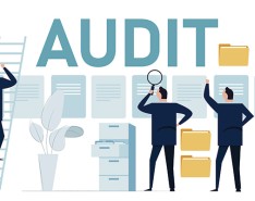 An illustration of three men performing audits with the word "Audit" above them