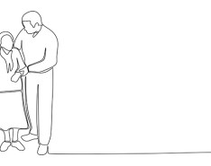 Single line illustration of an older woman being guided by a caregiver
