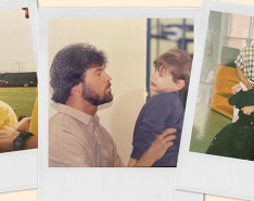 Three polaroids of Jacob Dugger at various ages with his parents