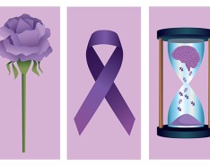 three images. One shows a purple rose, the second shows a purple ribbon, and the third shows a purple brain in an hourglass with puzzle piece sand
