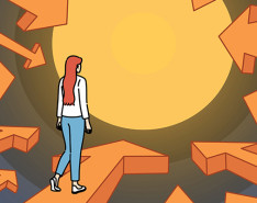 A graphic of a woman walking toward the sun with several arrows surrounding her