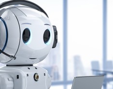 friendly robot wearing a headset as if in customer service