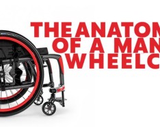 A wheelchair on a white background with red print next to it.