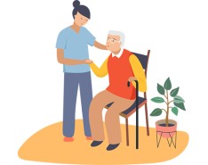 Illustration of a caregiver and older adult. The caregiver is helping the older adult, who is in a chair.