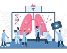 An illustration of doctors standing in front of a large screen with an image of lungs on it. 