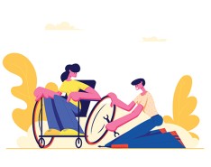 Illustration of two people, one in a wheelchair and another sitting on their knees with a wrench, fixing a wheel on the wheelchair. 