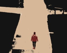 A graphic of a person walking down a split road