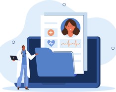 Illustration of a doctor looking at someones patient files on their computer