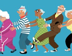 funny drawing of seniors dancing in a conga line