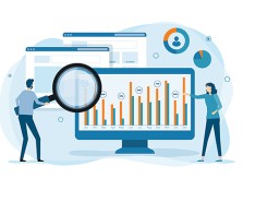 Illustration of magnifying glass and computer screen with data