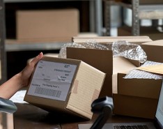 white woman in green shirt scans shipping boxes