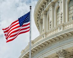 An image of Capitol Hill with the American flag in front of it. 