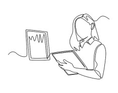 Single line illustration of woman looking at a clipboard with chars and graphs around her.