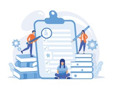 Illustration of three people surrounded by books checking of a to do list. 
