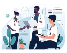 Illustration of three different health care workers with charts and data around them.