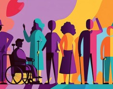 A multi-colored (red, pink, purple, yellow, orange, and blue) illustration of people with various disabilities. 