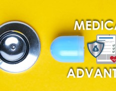 stethoscope on yellow background with broken pill showing Medicare Advantage