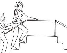 line drawing of two women. One woman is walking up a set of stairs for physical therapy.