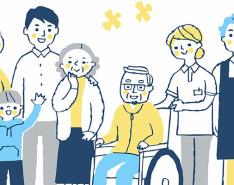 A cartoon graphic of a family with their grandparent's caregivers.