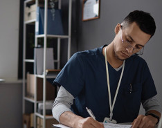 A nurse sitting while taking notes with a pen and paper.