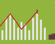 A bar graph with ups and downs and a red arrow marking the peaks and lows of the graph. A man stands to the right of the graph looking through a telescope at the graph with one foot on a briefcase as if looking at mountains. 