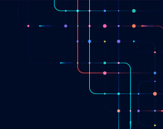 A dark blue background with brightly colored squiggle lines and dots on the right side.