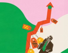 A colorful background with a zigzag arrow going upward with price tags attached to it.