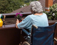 An elderly woman sitting in a wheelchair overlooking a small garden