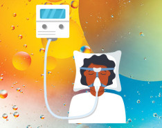 A graphic with a rainbow background and a sleeping person wearing a ventilation mask in the center