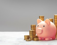 pink piggy bank standing with a money bag and stacks of coins