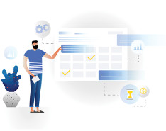 A graphic of a man standing in front of a calendar