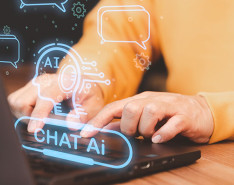 Hands at a keyboard with a holographic of chat AI floating above.