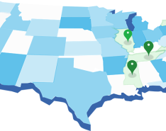 Blue and white map of the United States with some states highlighted in green