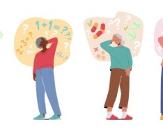 illustration of older adults forgetting things such as watering plants, numbers, pills and more